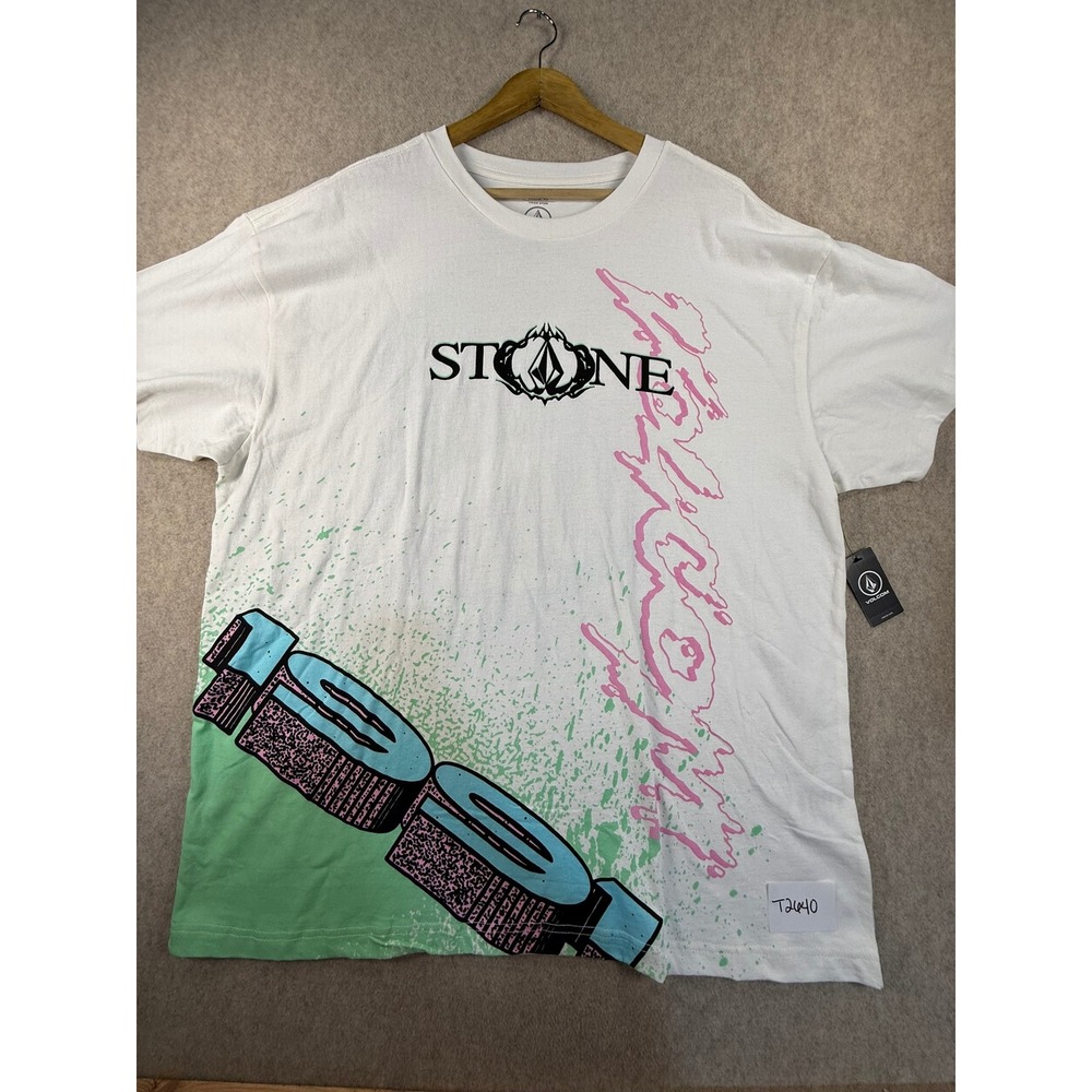 NWT Volcom Stone Mens XL White Graphic T-Shirt Loose Fit 1991 Surf Skate